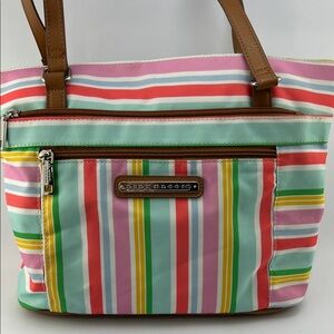 Lily Bloom Pastel Multistripe Canvas Tote with Tan Handles